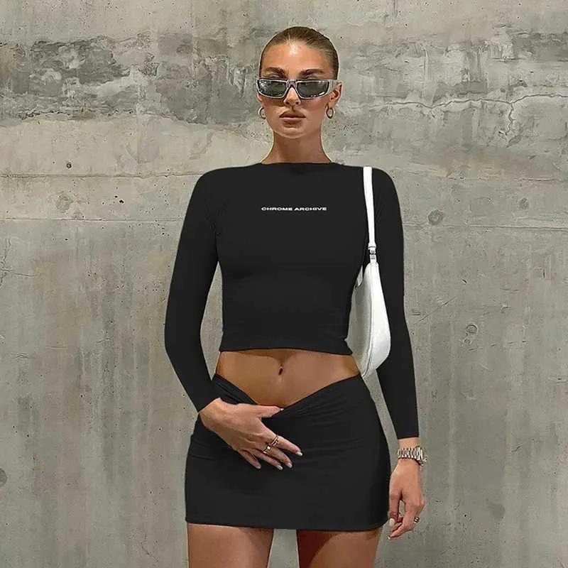 Retail Designer Casual Jurken Dames Tweedelige Mode Brief Gedrukt Outfits Lange Mouw Top Slanke Korte Rok Set