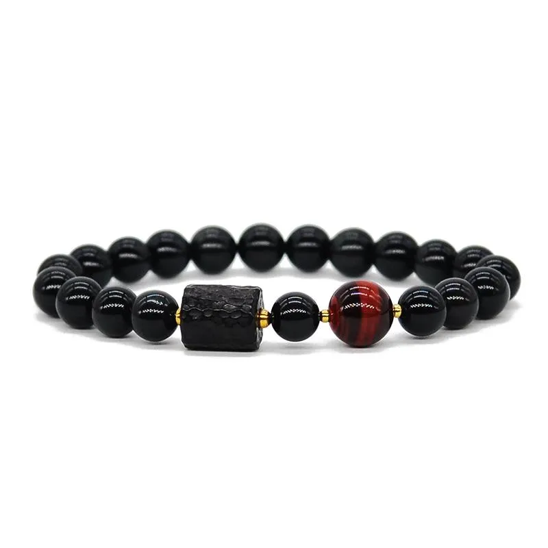 Brin noir obsidienne rouge oeil de tigre pierre perles argent dessin Couple Bracelet Anti mal hommes femmes cadeau bijoux perles brins