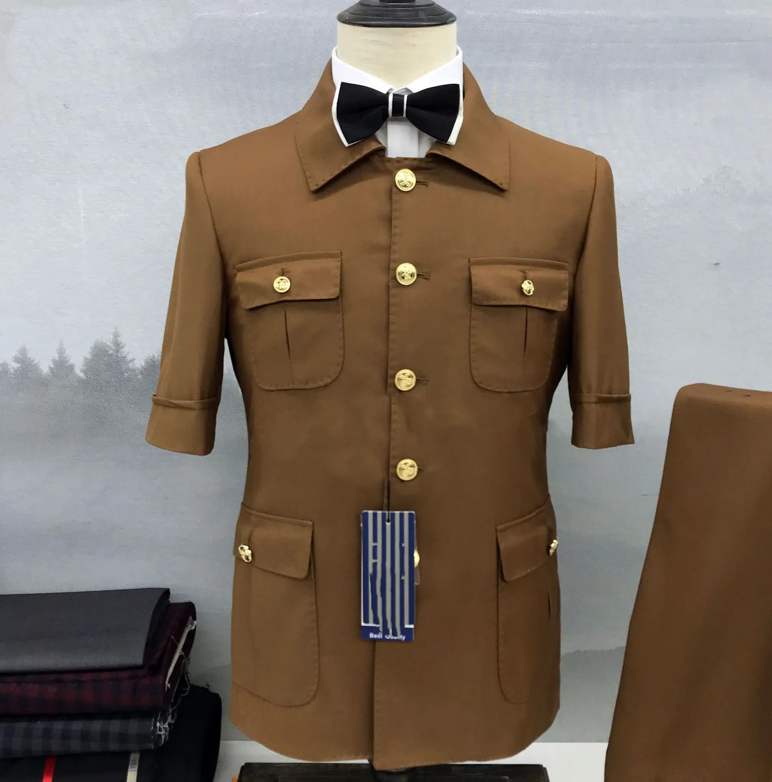 Мужские костюмы Blazers Custom Spring Summer Summer 7pointeve Brown Свадебные костюмы для мужчин с половиной рукава.