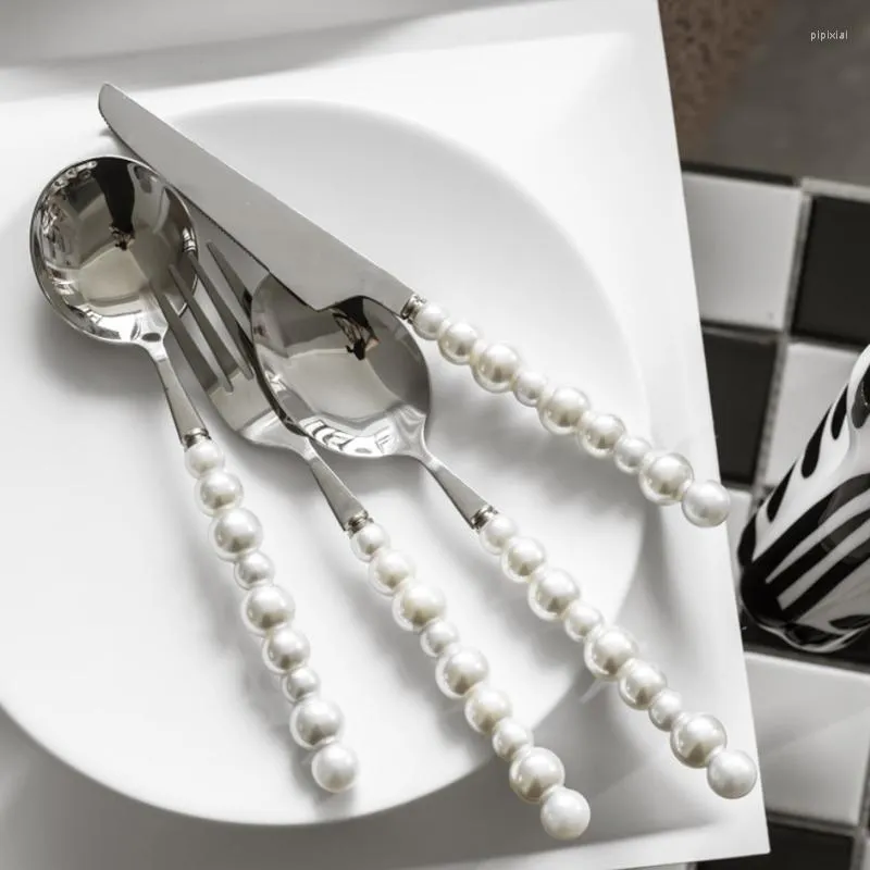 Dinnerware Sets Pearl Handle Tableware Set European Style Silver Stainless Steel Exquisite Gift Western Polished Surface Knife Fork