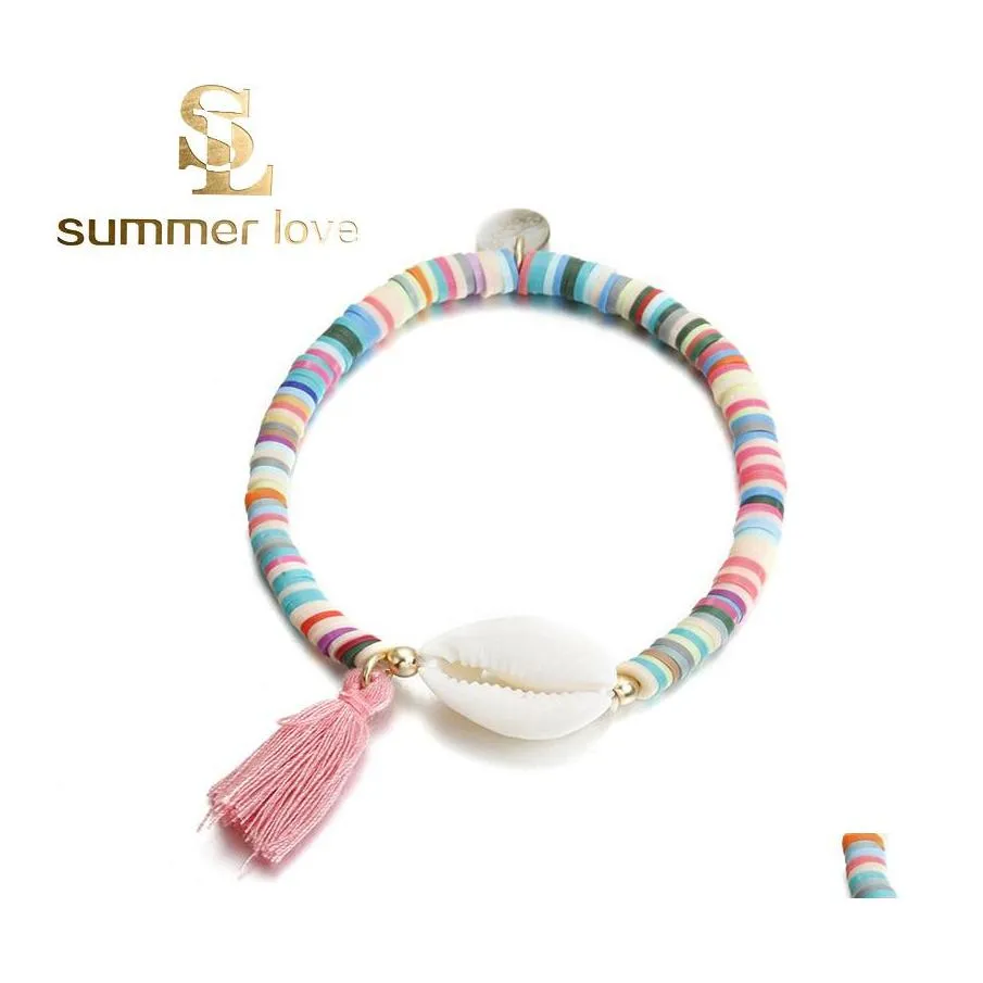 Bracelets de charme Moda White Shell Tassel Bracelete Bohemian Colorf Pol￭mero de argila Contas para mulheres J￳ias Diy Fazendo presente Dr Dhgfa