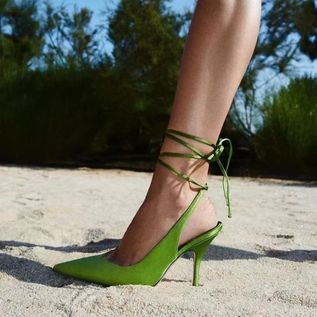 Spear Those Slim Heel High Heel Sandals, обернутые на ногах, 7,5 см Зеленое шелковое кружево