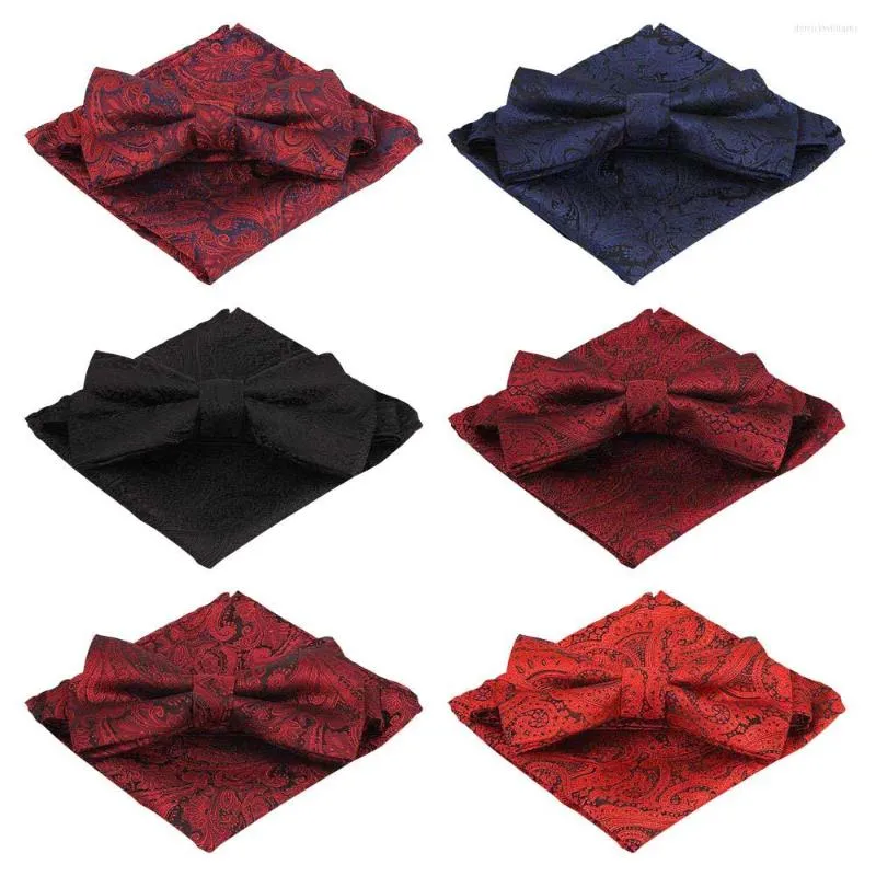 Bow Ties Men Paisley Floral Pre-tied Tie Pocket Square Wedding Party Handkerchief Set BWTQN0085