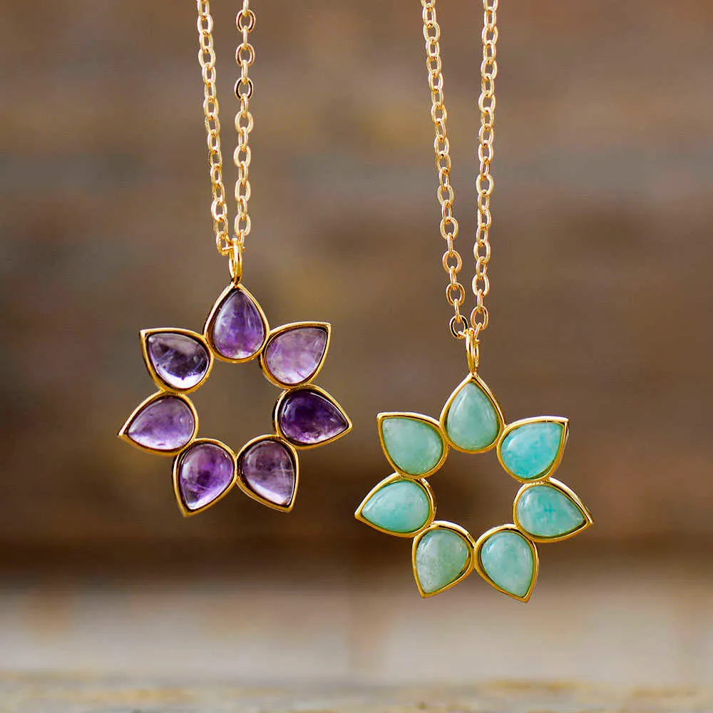 Pendant Necklaces Lovely Amethysts ite Flower Pendant Necklaces Trendy Bohemia Natural Gems Stone Short Chokers Jewelry Bijoux Wholesale G230206