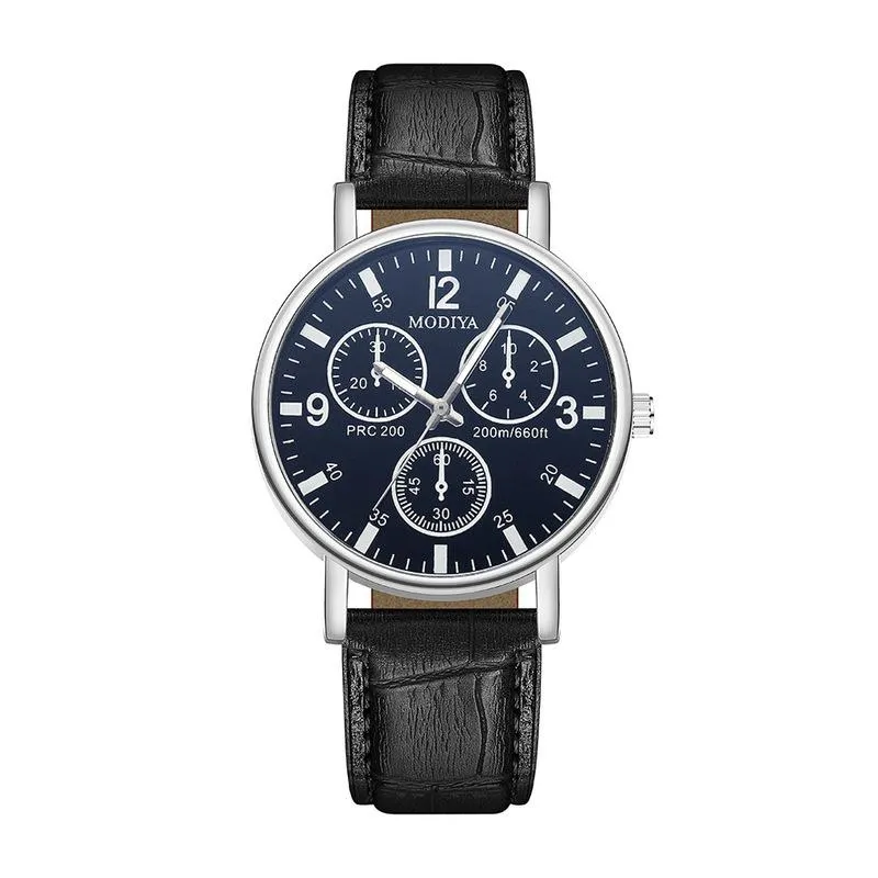 ساعة Wristwatches Watch for Men Glass Blue Three Eyes Leather Band Watches Watches Quartz Wristwatch Clock Clock Relogio Maschulino