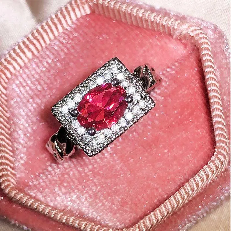 Cluster Rings Classic Oval Ruby Baguette Full Diamond Par Ring for Women Girl Geometric Silver-Plated Engagement Bridal Gift Jewelry