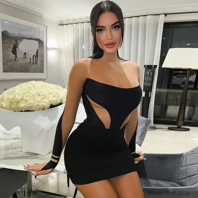 Casual Dresses Ins Style Women Patchwork Dress Slim Long Sleeve Wrap Hip Skirt Night Club Ties Sexig genomskinlig Mesh Gaze Stitching Frock