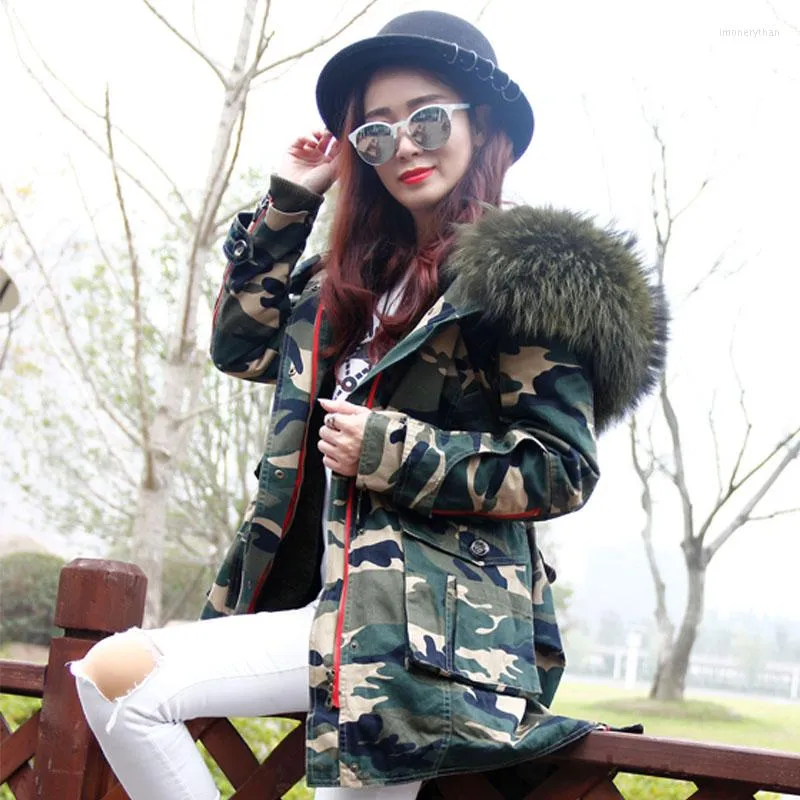 Women's Trench Coats Winter Jacket Coat Women Outwear Real Raccoon Fur Collar Asymmetrical Loose Leopard Long Black Camouflage Parka