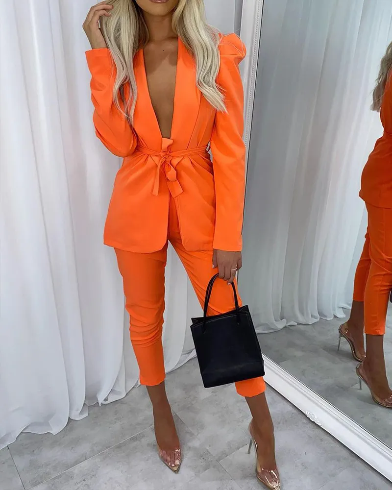 Womens Two Piece Pants Women Open Front Blazer Top Pant Fall 2 Sexy Club Outfits Solid Tie Set Orange Suit Streetwear 230207