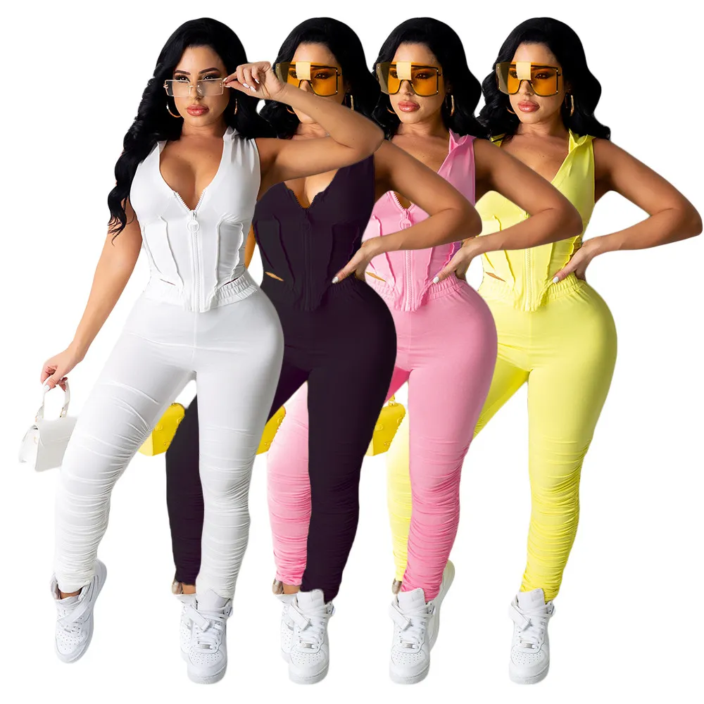 Designer Survêtements Femmes Tenues Deux Pièces Ensembles Été Casual Sans Manches Bandage Chemise À Capuchon Et Pantalon Costumes De Sport Survêtements Solides Vêtements En Gros 9227