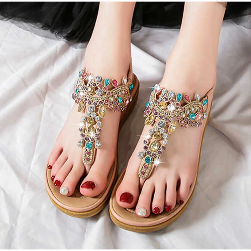 Slippers Fashion Rhinestones Sandals Women's Woman Thick Heels Beach Shoes Casual Flip Flops Ladies Footwear Vintage Breath Light Female Y2302