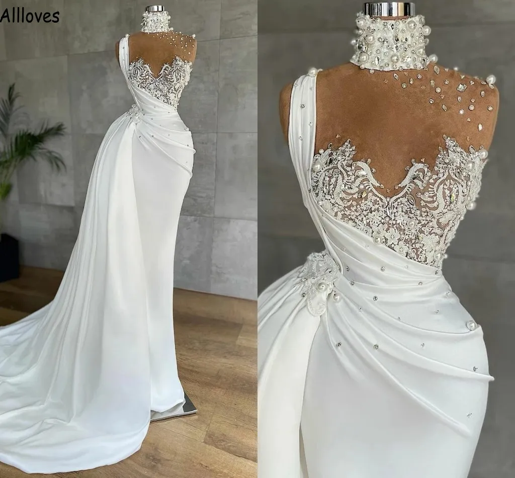 Arábia Saudita Dubai Turquia Sereia Vestidos de casamento com trem destacável Pérolas Lace Applique Frisado Vestidos de Noiva Pescoço Alto Modern Robes de Mariee Vestidos AL9604