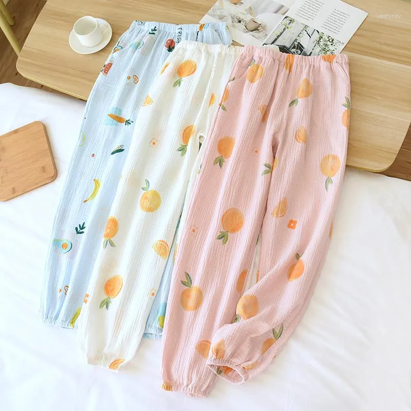 Women's Sleepwear Ladies Spring Trousers Cotton Gauze Home Pants Elastic Waist Sleep Bottoms Loose Thin Cartoon Lounge Wear Soft