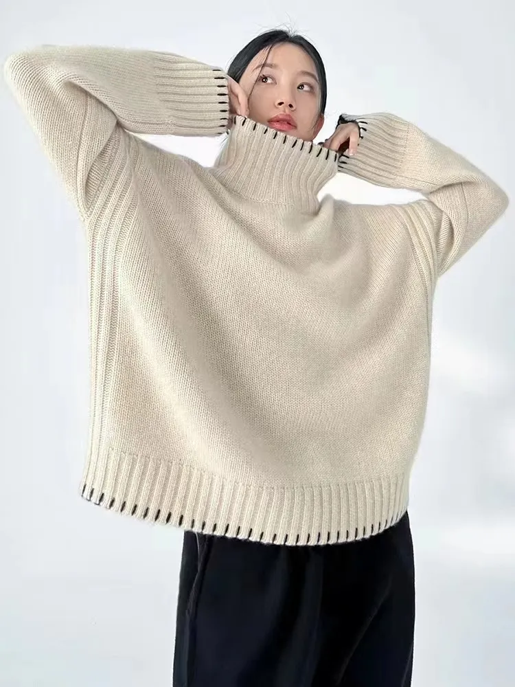 Pulls pour femmes 100 pure laine cachemire pull col haut pull mode coréen lâche tricots automne hiver hauts grande taille 230206