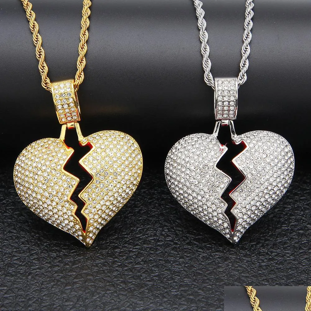 Pendant Necklaces Iced Out Broken Heart Designer Unisex Bling Crystal Rhinestone Charm Gold Sier Chain Hip Hop Necklace Drop Dhgarden Dhwjh