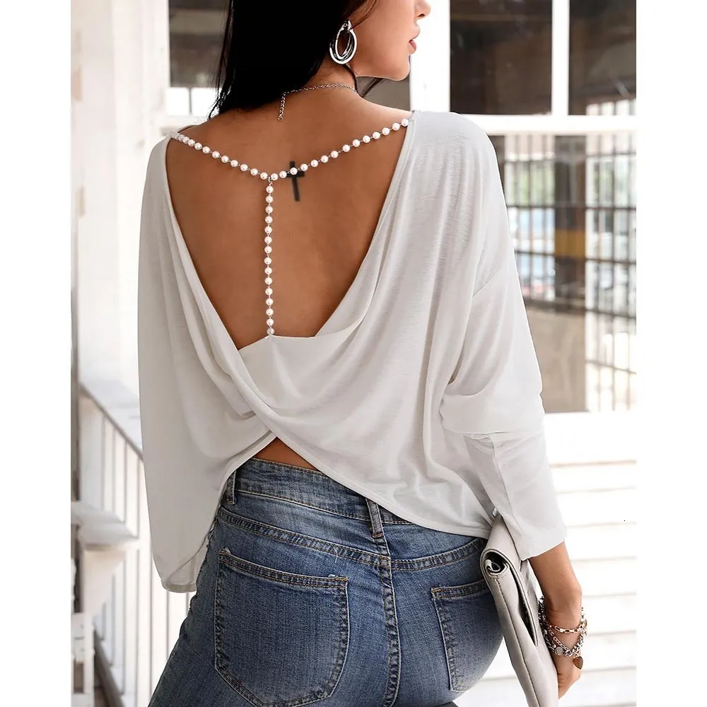 Ladies Beaded Tops: Elegant Open Back Long Sleeve Tee Fashionable