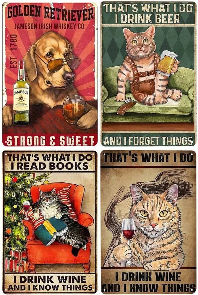 Cats and Wine Vintage Metal Painting Dog and Beer Wall Decoration for Bar Home Club Let Evening Be-Gin Tin Poster Funny Plate 20cmx30cm Woo