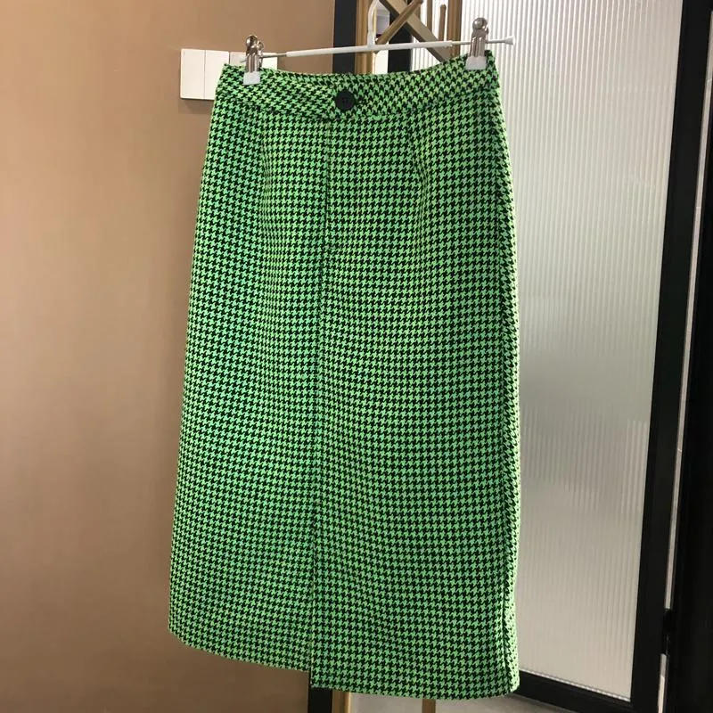 Signe Autunno inverno inverno Luxury Green Green Woolen Skirt Women Women High Wile Ploid A-line