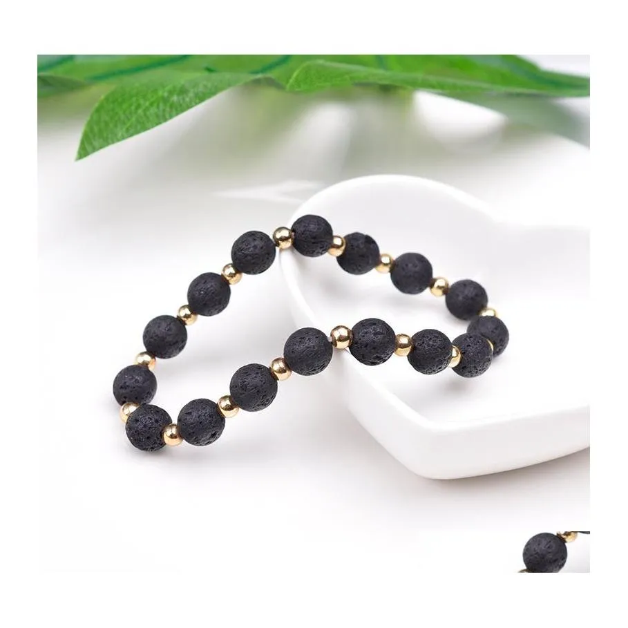 Bracelets de charme Or Couleur Spacer Lave Naturelle Pour Hommes Perles Noires Mélangées 8mm Pierre Volcanique Bracelet D'énergie Bijoux C3 Drop Livraison DHC2F