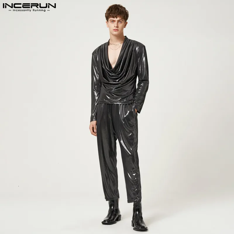 Men's Tracksuits 2023 Fashion Sets Solid Streetwear Shiny V Neck Long Sleeve Irregular T Shirt Pants 2PCS Party Nightclub Suits INCERUN 230206