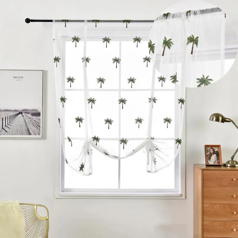 Curtain Coconut Tree Roman Curtains Embroidered Sheer For Bedroom Decor Window Treatment Kitchen Coffee Blinds