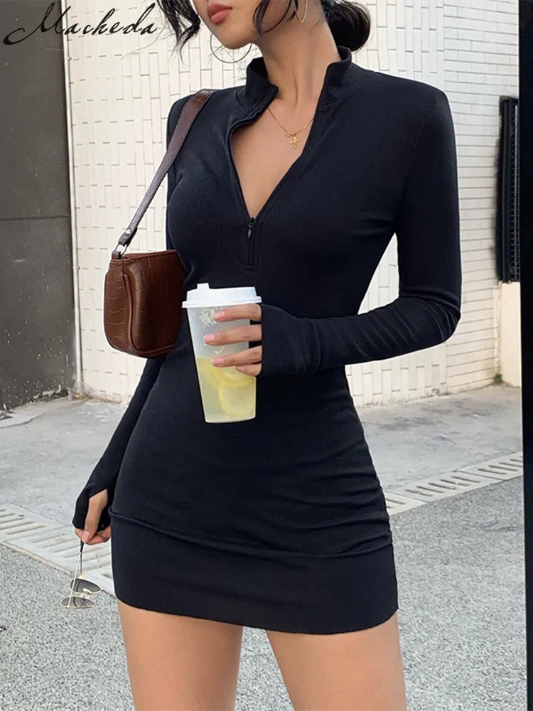 Casual Dresses Macheda Elegant Autumn Winter Black Bodycon Dress Women Turtleneck Slim Ribbed Knitted Long Sleeve Mini Dress Vestido 230207