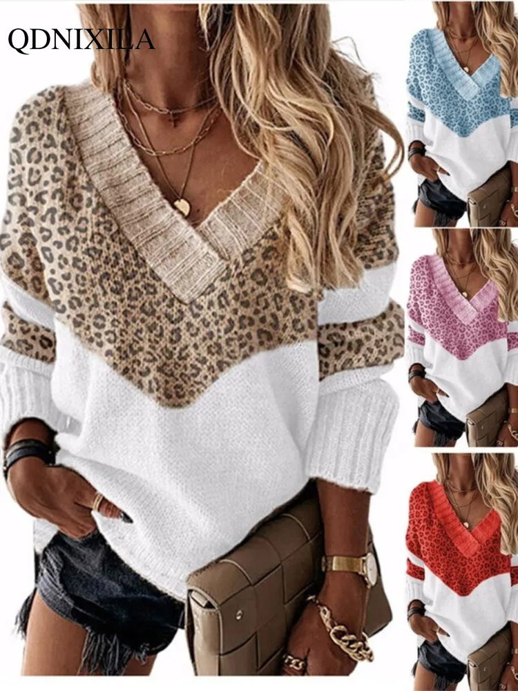 Женские свитеры осень зимняя зима V-образной грудь женский пуловер леопардовый полосатый винтажный вязаный вязаный рукав