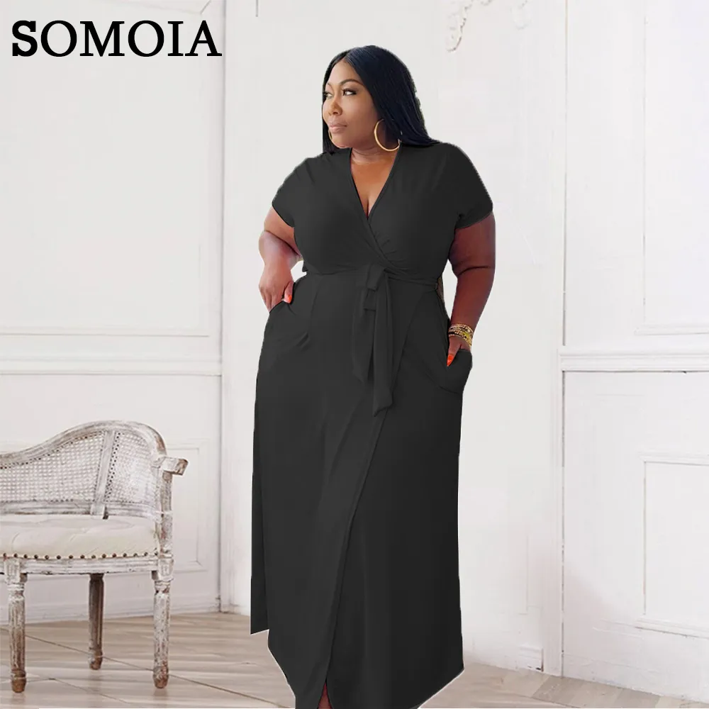 Plus size jurken zomer plus size dames kleding zomer temperament maxi met riem korte mouw hoge rekbare jurken losse prom jurk groothandel 230207