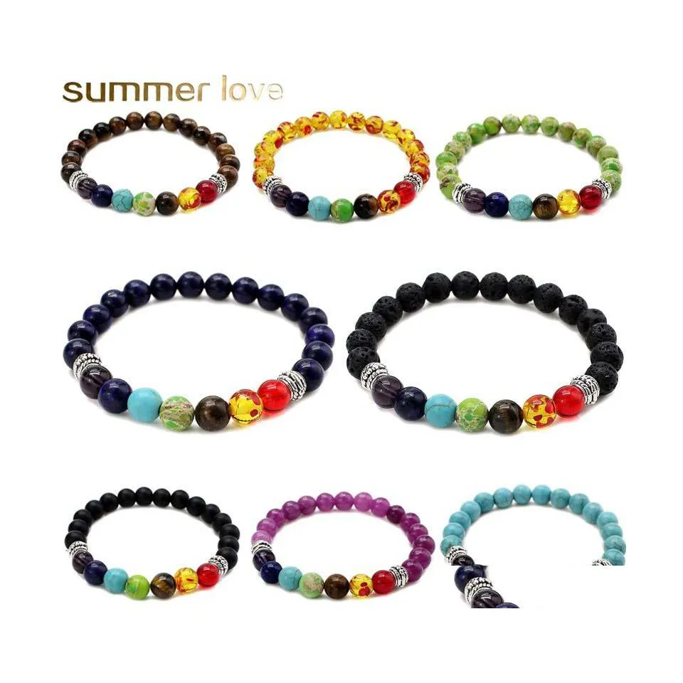 Brins de perles 8 mm rondes de lave roche oeil de tigre bracelets de perles pour femmes hommes guérison 7 chakras pierre naturelle élastique yoga bouddha soutien-gorge Dhsq0