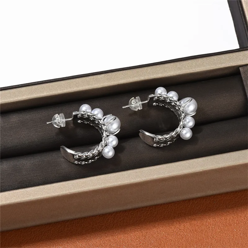 European/American Fashion Design Half-Circle C-Shaped Pearl Earrings S925 Silver Needle Temperament All-Match New Jewelry