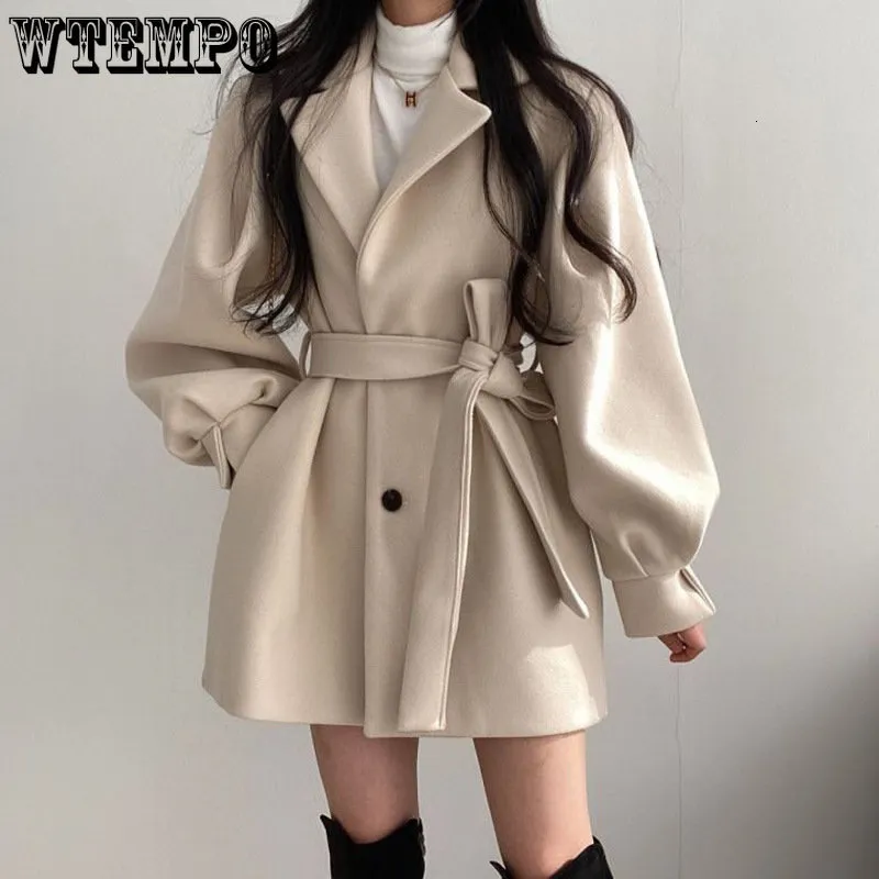 Womens Knits Tees Mid Length Topcoat Blazer Collar Woolen Coat Women Belted Winter Jacket Niche Vintage Loose Fashion Overcoat Solid Trench Coats 230207
