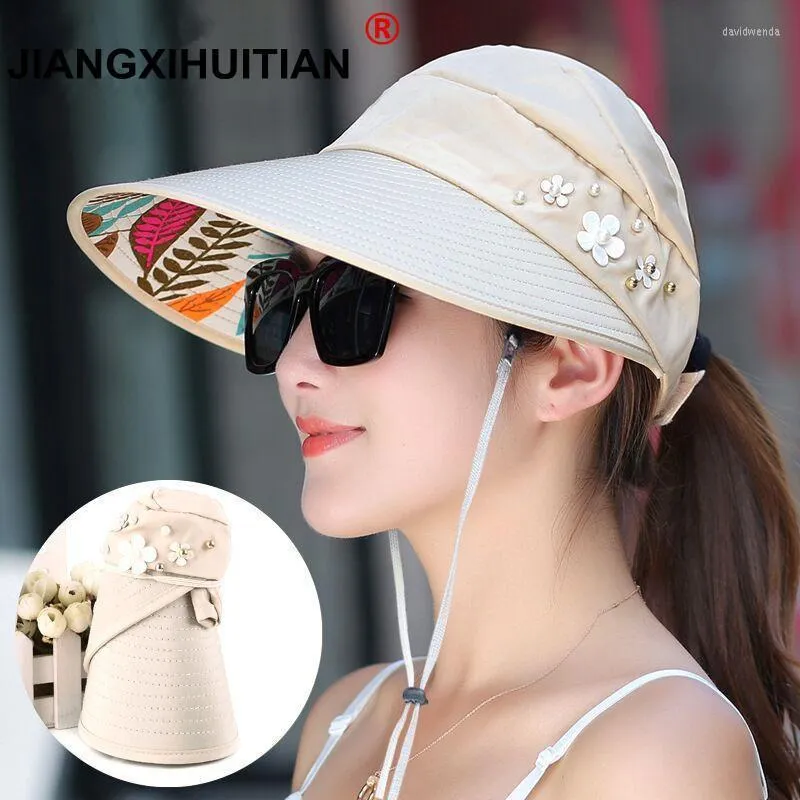 Chapeaux à large bord SimpleWomen Summer Sun Pearl Packable Visor Hat Avec Big Heads Girls Beach Protection UV Femme CapWide Davi22