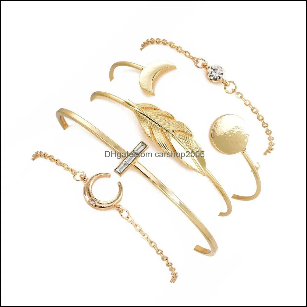 4pcs/set feather stars moon olive branch crystal open cuff bracelet for women girl gold plating adjustable wire bangle fashion jewelry