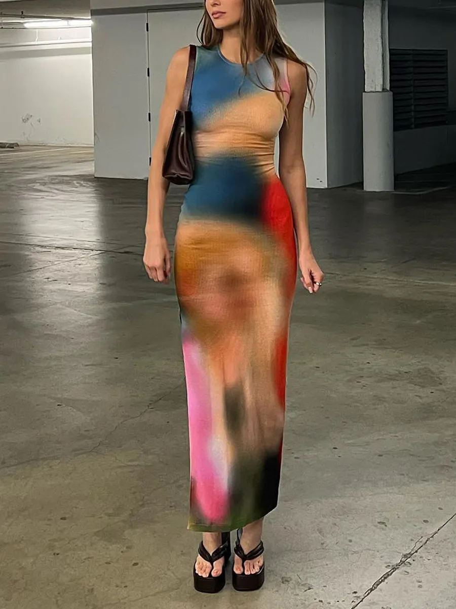 Günlük elbiseler kolsuz sırtsız maxi elbise kadınlar yaz bodycon zarif seksi kravat boya kıyafetler bayanlar doğum günü partisi kulübü sundress 230207