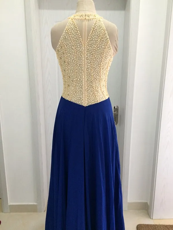 Vintage Royal Blue Evening Prom Dresses Sheer Beaded Crystals Neck Chiffon Skirt Long Evening Gowns Zipper Back Vestidos BC15110