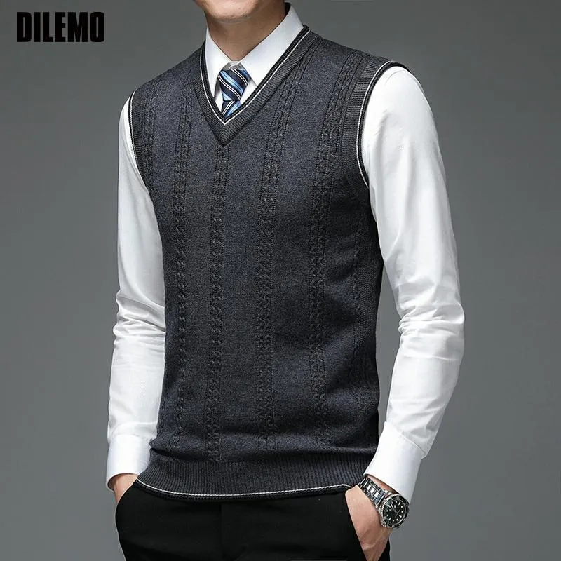 Men's Vests Autum Fashion Brand Solid 6 Wool Pullover Sweater V Neck Knit Vest Trendy Sleeveless Casual Top Quality Clothing 230206