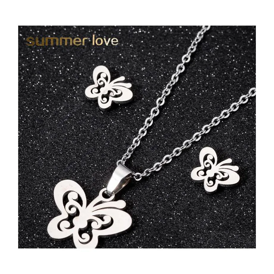 Pendant Necklaces Stainless Steel Butterfly Necklace Stud Earring Set For Women Girls Link Chain Lovely Sier Gold Jewelry Drop Deliv Dhwv4