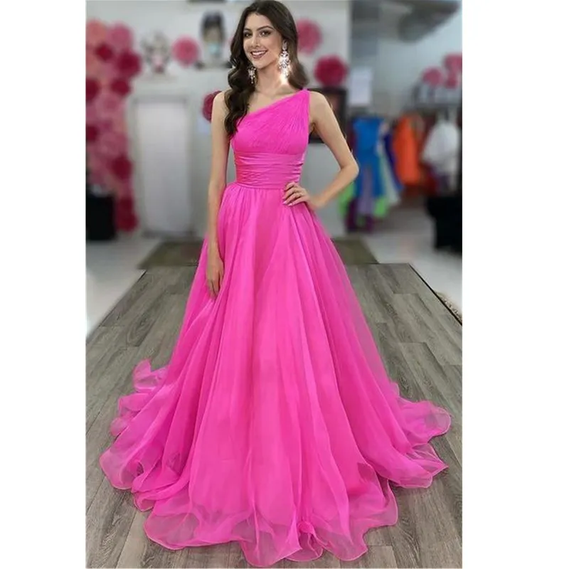 Hot Pink Orange Ruffles Tulle Evening Party Dresses One Shoulder Tiered Plus Size Prom Dresses 2023 A Line Special Occasion Gowns