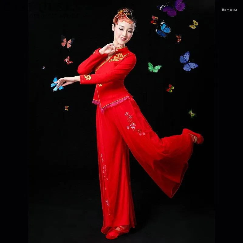 Stage Wear Chinese Folk Dance Clothing Pant Suits Costumes Yango Drum Fan Outfit Performance FF747