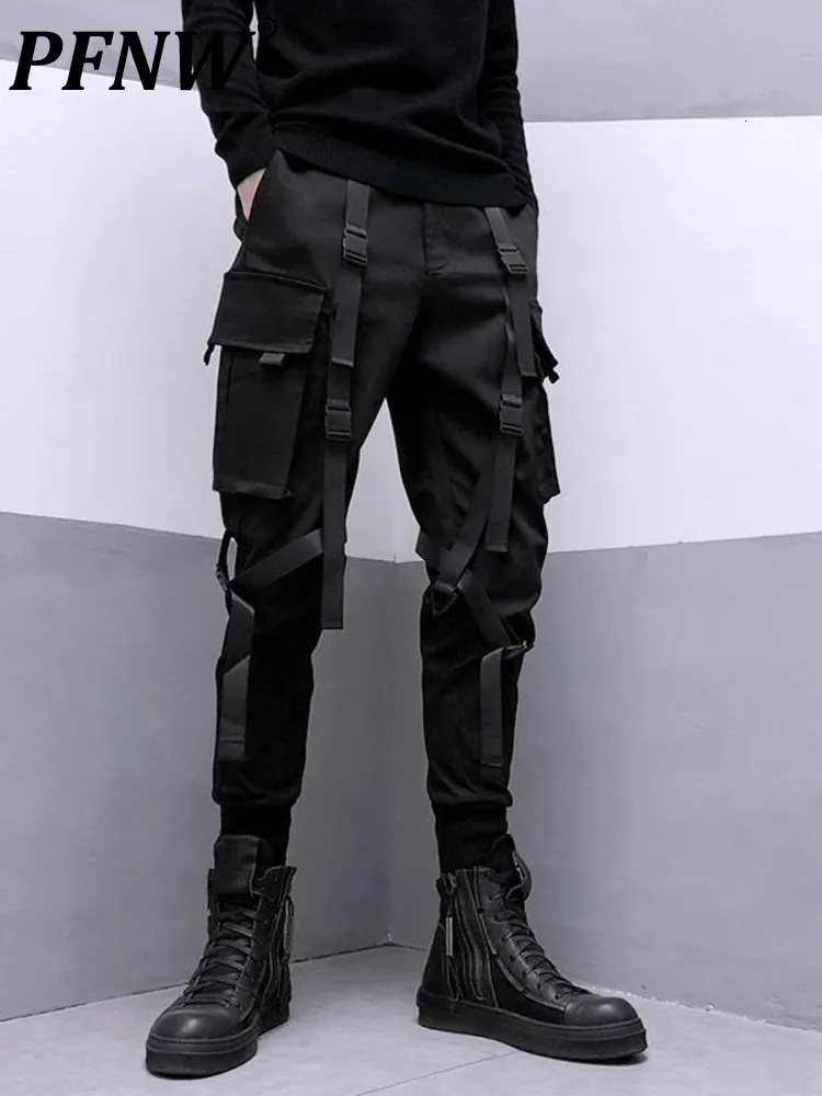 Herrbyxor PFNW Darkwear Safari Style Webbing Spliced ​​Cargo Pants Men High Street Streetwear Elastic midja Slim Tactical Techwear 12A1634 230207