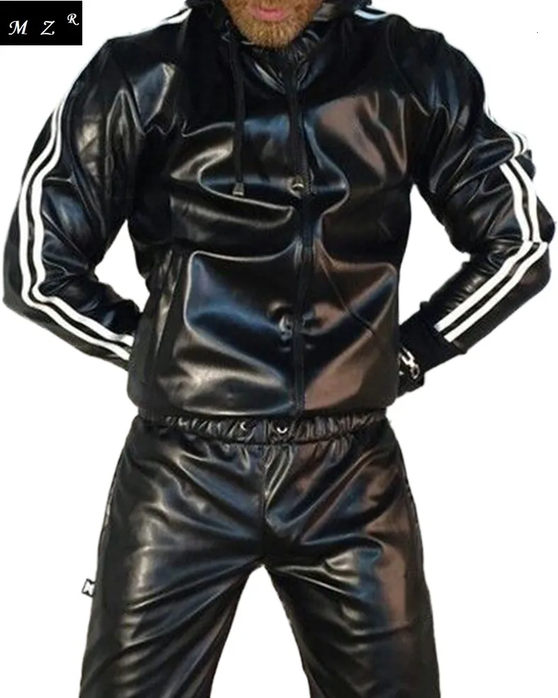 Tute da uomo PU Leather Gloss Wetlook Jacke Jacket Felpa con cappuccio Tuta da jogging Sportswear 230206