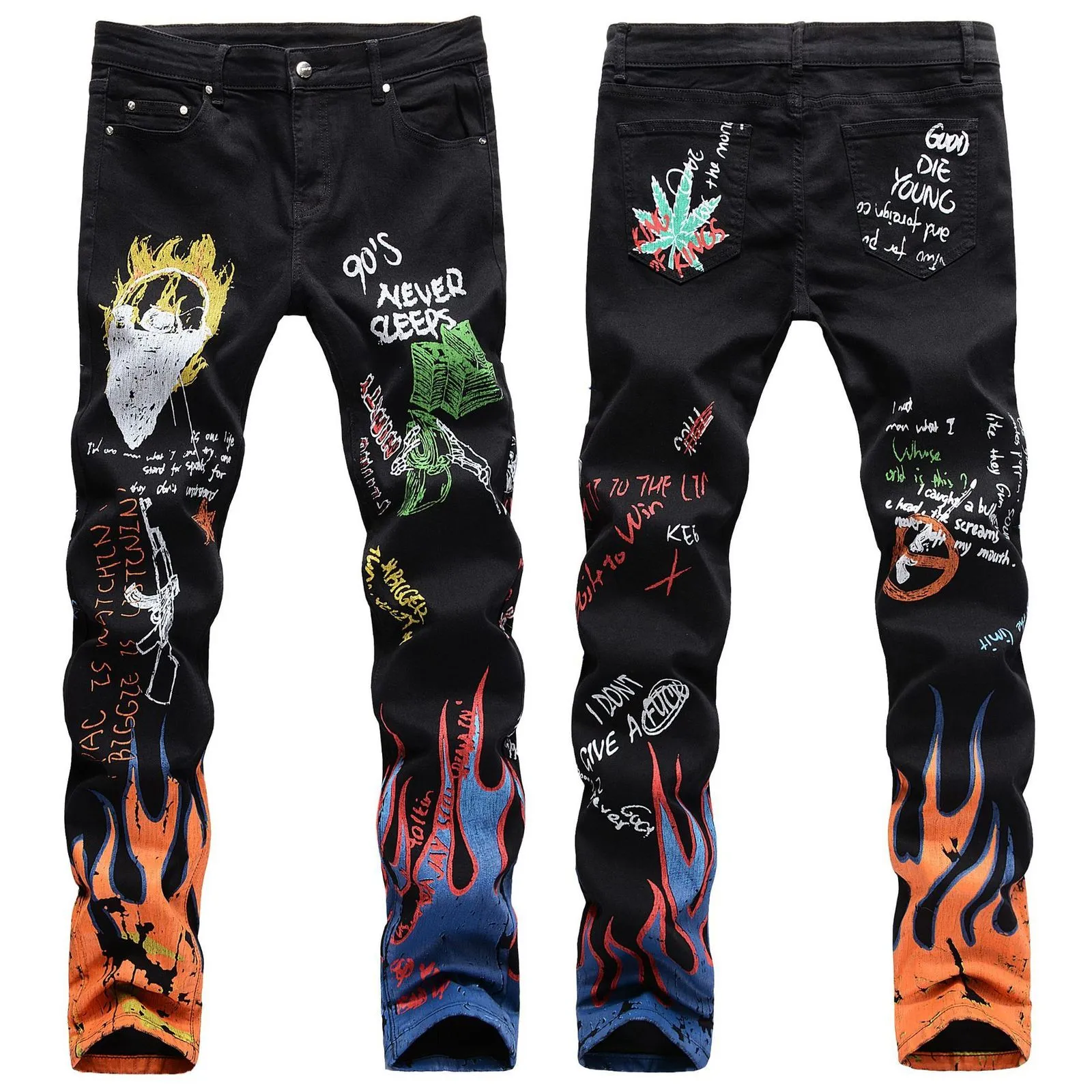 Men s Jeans Men Letters Flame Printed Patterned Slim Straight Stretch Fashionable Graffiti Punk Rock Streetwear Hip Hop Pants 230207