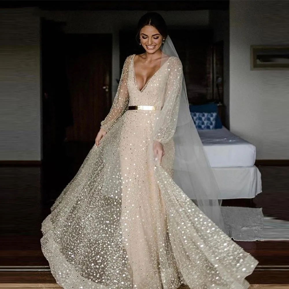 Gold Sash Champagne Glitter deep v wedding dress with Long Sleeves and V-Neckline - 2023 Collection
