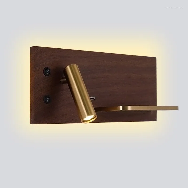 Applique murale LED pour chambre à coucher, chargeur sans fil pour téléphone, étagère, chevet, tête de lit, lecture, Loft moderne, Luminaire USB, lit en bois