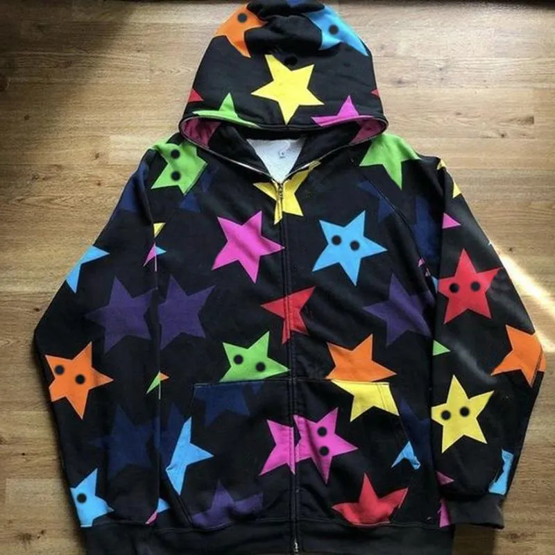 Women's Hoodies 00s Retro Korean Fashion Full Zip Hoodie E-girl Kawaii Star Pattern Sweatshirts Y2K Streetwear Harajuku Grunge Vintage