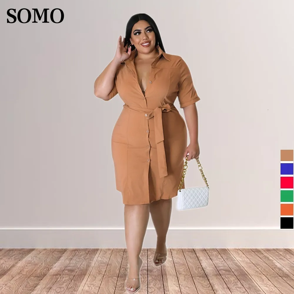 Robes grande taille couleur unie demi-manches dames grande taille robes de bureau femmes travail formel élégant revers chemise robe mi-longue en gros goutte 230207