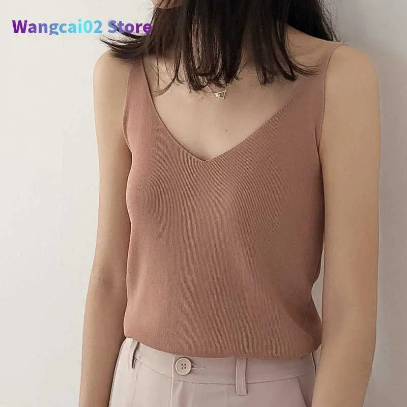 Tanks Femme Camis NIJIUDING été femmes débardeurs décontracté brillant glace soie tricoté Camis sans manches gilet Sexy col en v profond fête solide Camisole Femme 020723H