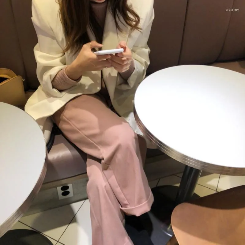 Women's Pants 2023 Women Autumn Winter Vintage Dark Pink Long Wide Leg High Waist Straight Trousers Button