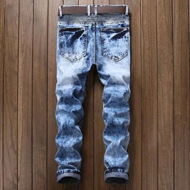 Men's Jeans New men's jeans foreign trade Europe and the United States slim straight tube fold zipper locomotive snow ri2243