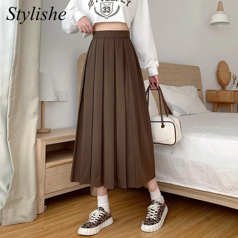 Skirts Long Skirt Brown Korean Fashion High Waist Black Midi Skirt Women Autumn Elegant A Line Girls Pleated Skirts Gray Summer 230207